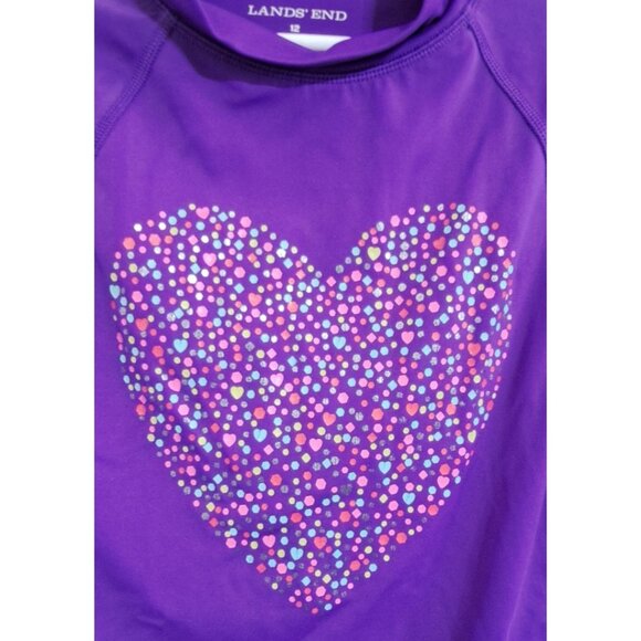Lands' End Girls 12 Purple Short Sleeve Rash Guard Multicolor Heart Beach - Picture 4 of 6